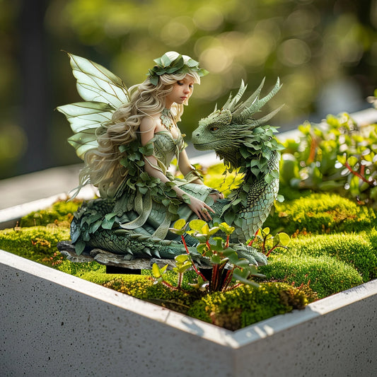 Charming Green Fairy with Dragon Garden Pile - Acrylic Outdoor Art, Bohemian Style Patio Decor, Flower Pot Landscape Accessories