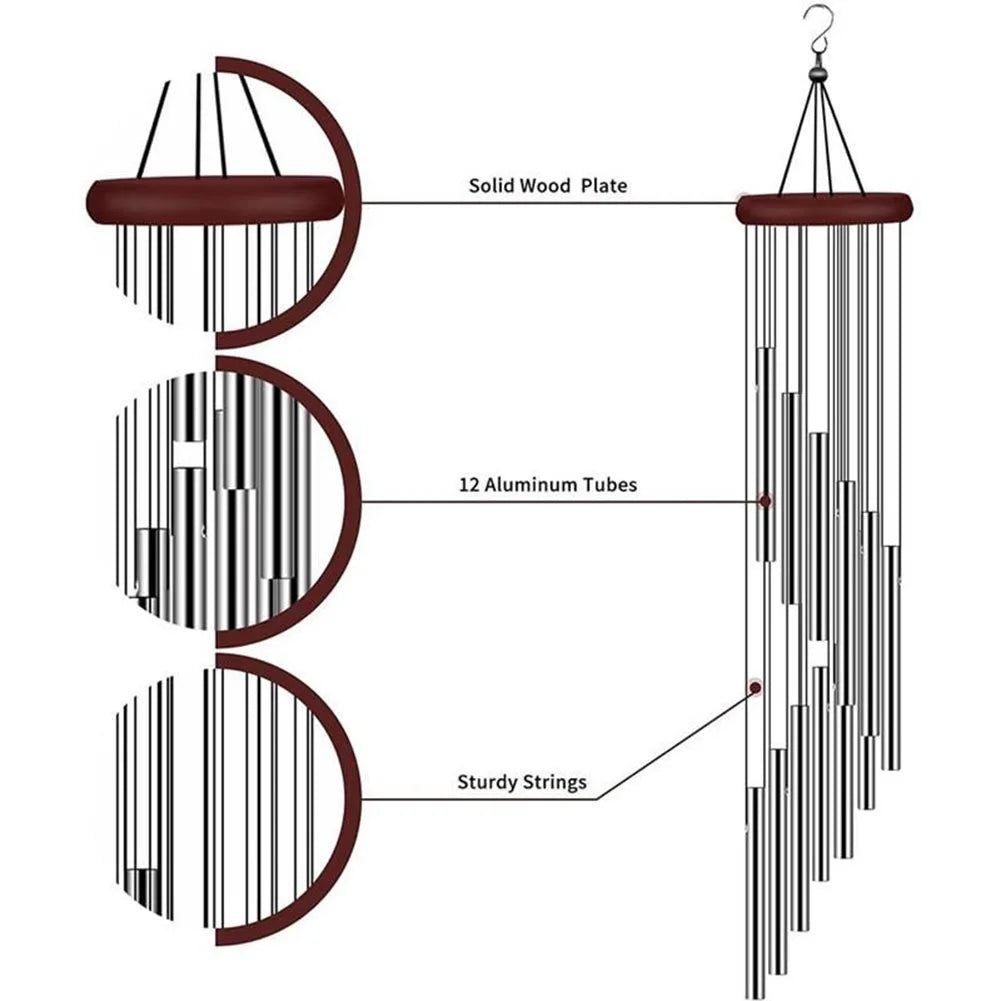 12 Tubes Wind Chimes Aluminum Tube + Pine Metal Pipe Wind Chimes Bells Decor Outdoor Yard Decoration Large Wind Chimes Bells
