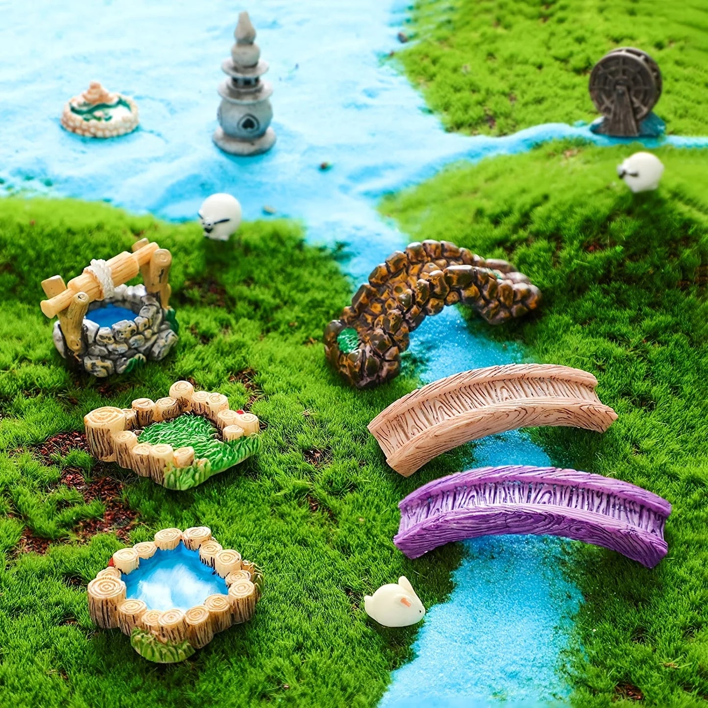 Fairy Garden Miniature Set with Bridge, Lighthouse Water Well & Pond for DIY Craft Lawn Ornament Decor Tiny Figurine Accessories