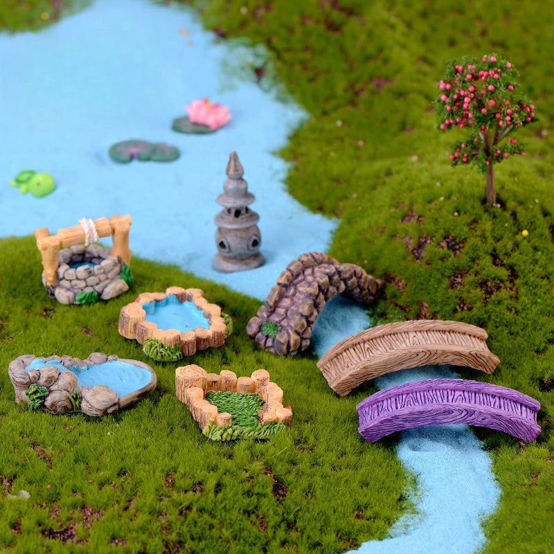 Fairy Garden Miniature Set with Bridge, Lighthouse Water Well & Pond for DIY Craft Lawn Ornament Decor Tiny Figurine Accessories