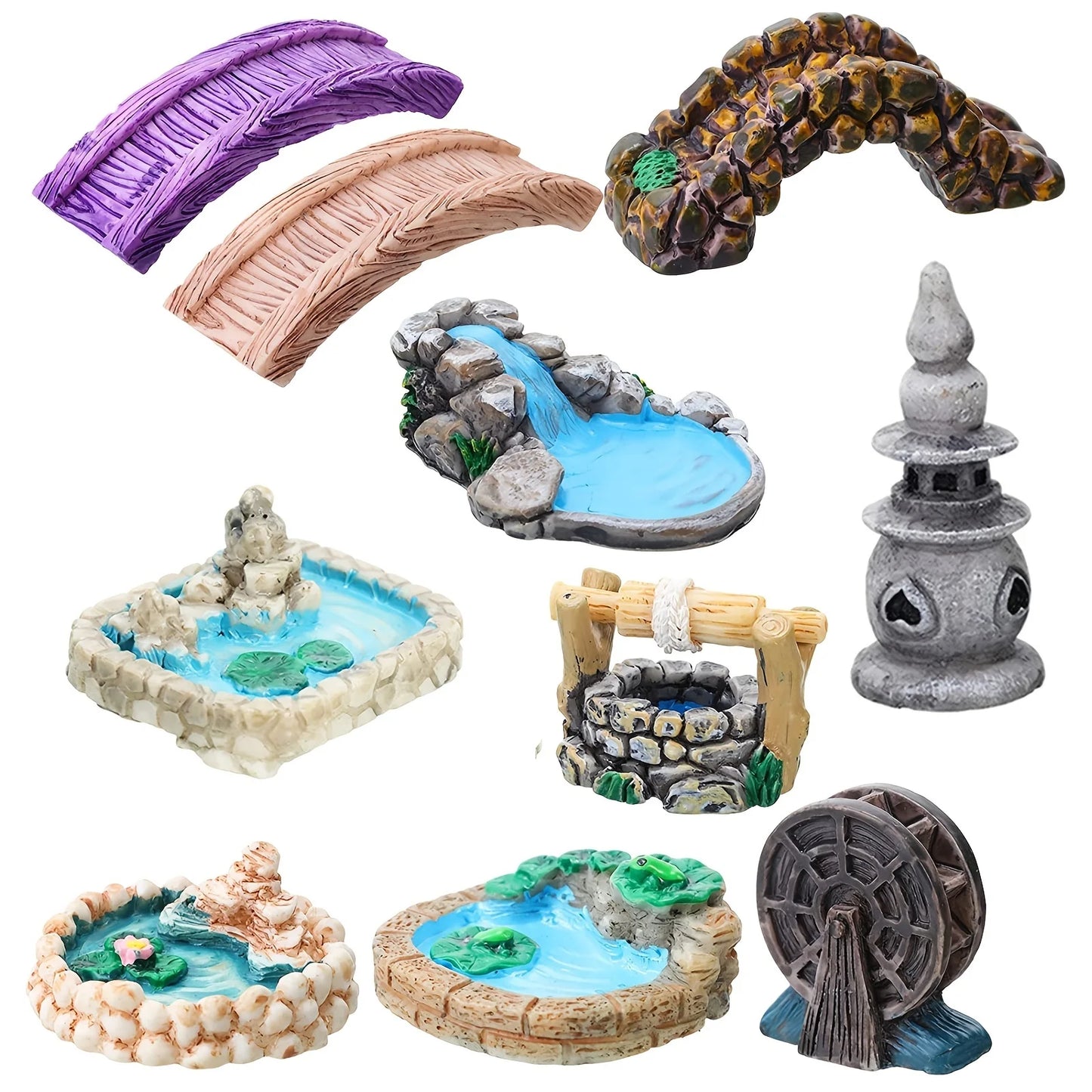 Fairy Garden Miniature Set with Bridge, Lighthouse Water Well & Pond for DIY Craft Lawn Ornament Decor Tiny Figurine Accessories