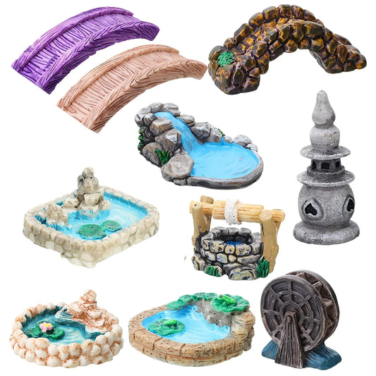 Fairy Garden Miniature Set with Bridge, Lighthouse Water Well & Pond for DIY Craft Lawn Ornament Decor Tiny Figurine Accessories